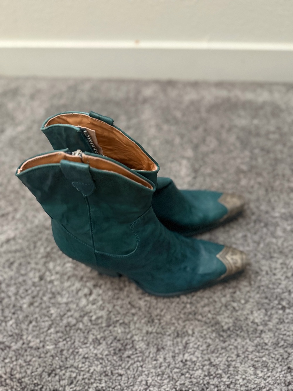 Free People Teal Suede Western Ankle Boots with Metallic Toe